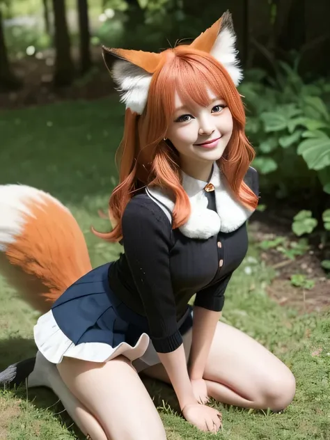 ((Highest quality, 32K)), ((masterpiece)), (Familiar), Perfect Face, Fox Girl, pretty girl, Outdoor, model, One tail, She has a tail, She grows a fluffy tail, Beautiful hip line, Thick thighs, A large tail sticks out, On all fours, Wagging his tail happily...