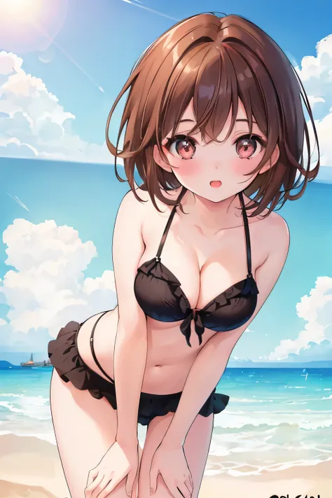 ((4K, 8k, Highest quality, Perfect Fingers, High resolution)), One girl, Beach, From under the bikini, cuteness, Cleavage, Beautiful and cute, ((Dynamic Angle)), (Brown Hair, short hair, Cute eyes)