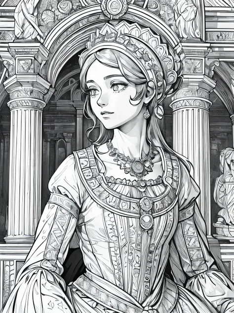 (Black and white coloring book:1.5), line drawings, masterpiece, best quality, ultra-detailed, high resolution, Very detailed face, (Eyes clear and distinct lines), Hair is white color, Full body shot, A woman in a luxuriously embroidered court dress of th...