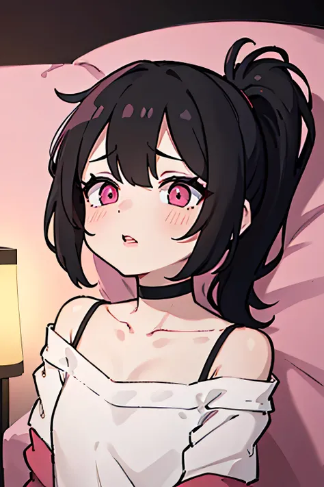 Close up shot, cute , black hair in two medium ponytails, sexy eyes, intense eye contact, small nose, red lips, orgasmic face, neck, collarbone, loose dark pink t shirt, bare shoulder, lying in bed, bed, bedroom, dark room, one lamp,, in bed