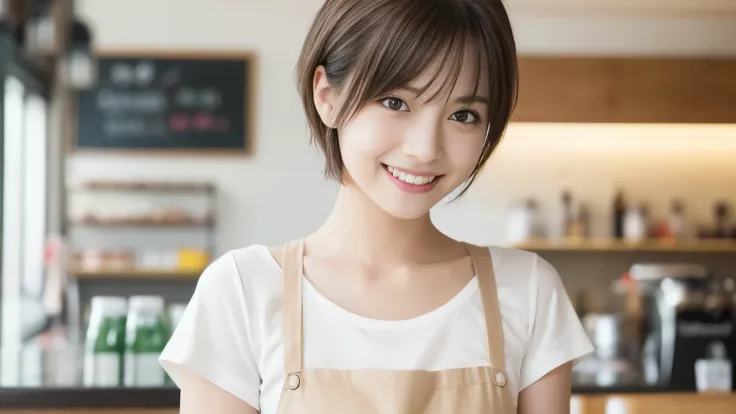 super high quality, smile, Slenderのネックレス, Slender, The staff is working at the counter in the back., (8k、RAW Photos、Highest quality、masterpiece:1.2), Japanese Idol, Stylish café, (Realistic、Photorealistic:1.37), Mesh Hair, Urban Cafe, Golden Ratio, Raw pho...