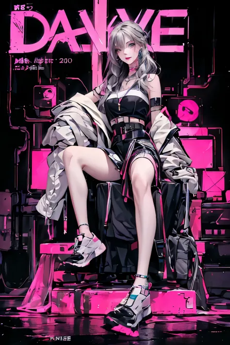 (((masterpiece, The face is precise,  must))), best quality, dark cyberpunk outfit, A Russian girl in her early 20s with colorful ash gray hair, dark cyberpunk makeup, neon lights, outdoor, magazine cover, head to toe full body