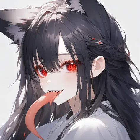 Animal ears、Long Hair、Fox ears、girl、Black Hair、Red eyes、Tongue out、Face only、Zoom in、1 person、Jagged teeth、Long tongue、Hair in the eyes、I can see your eyes through the gaps in your hair、dark、His eyes are shining