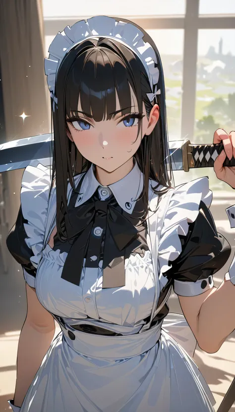 weapon over shoulder, holding weapon, holding sword, ((best quality)), ((masterpiece)), (detailed), perfect face, ((best quality...