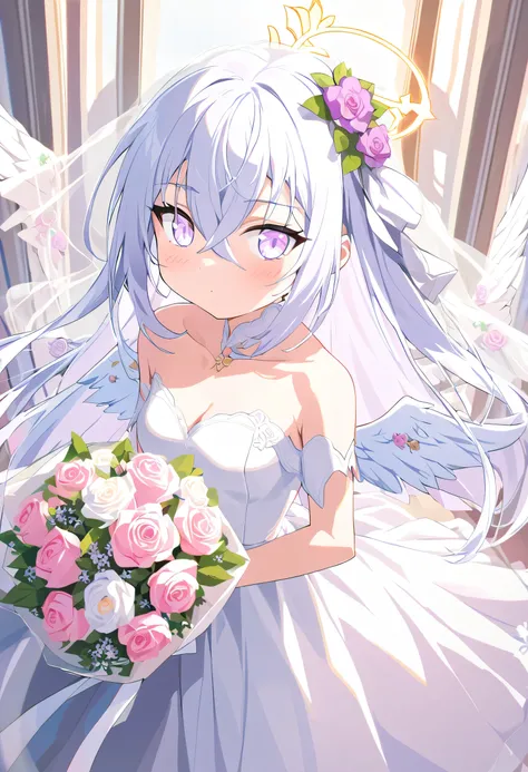 Azusa (Blue Files),Add XL, 1girl 1other alternexiste_Costume Angel_Wings Bare_Shoulder Blush Bouquet Breast Bride_Veil bride cleavage closure_mouth collarbone dress feexisthered_翅膀 花 hair_between_Eye halo keep keep_bouquet jewelry 长of_hair_exist_Viewer Sma...