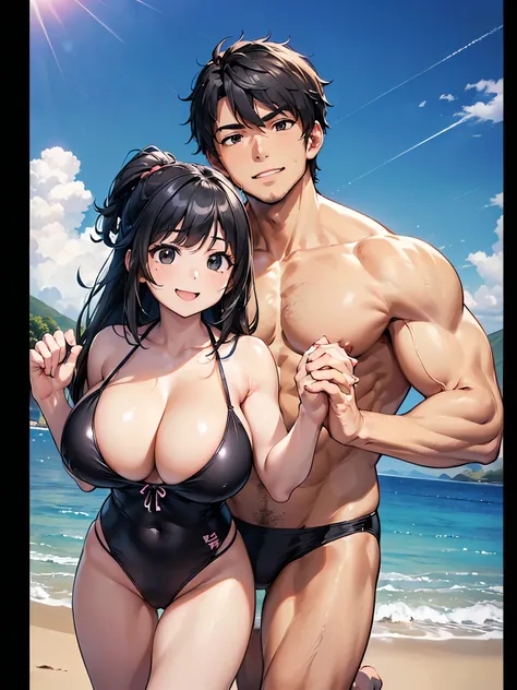 ((men and women:1.5)),(A couple wearing swimsuits is holding hands:1.5),((Muscular husband:1.5)),((Wife showing cleavage with huge breasts:1.5)),(Smiling Beam:1.5), Two people,Highest quality, 4K, masterpiece, Very detailedな, Studio Lighting, Hilarious, Vi...