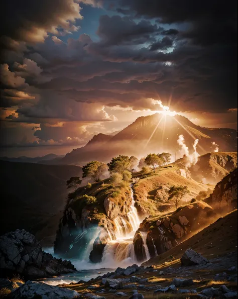 surrealismo, God&#39;s Heaven, The power of god, Gods Realm, clouds, heavenly fire, powers, Fire Arrows, Rivers of water, Waterfalls, forst, Cedars, Greater power, natureza photorrealistic, Beauthfull, Blue Thunder, fire azul, Realistic fire azul, realisti...