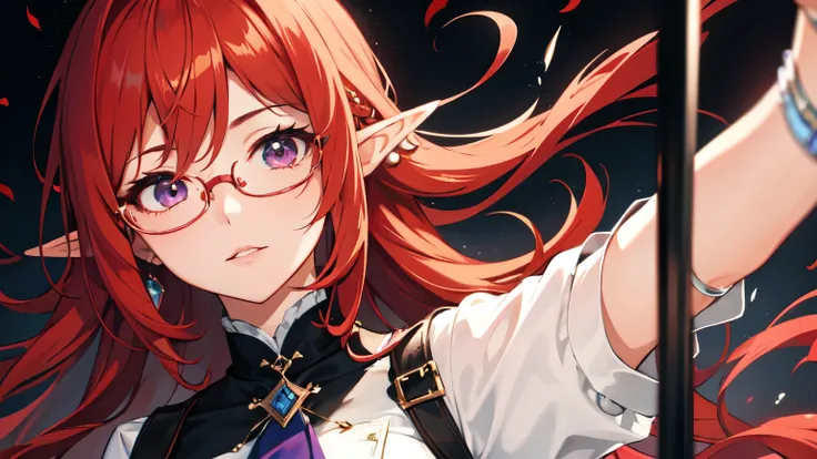 ((Highest quality)), ((masterpiece)), (detailed), One girl,Elf,Red Hair,Glasses,The image color is reddish purple.,prison,Escape from the sky