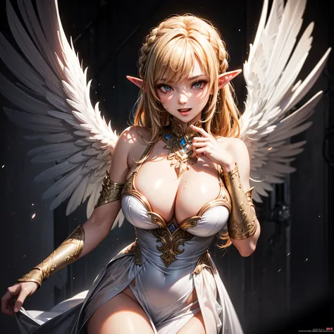 (High Detail:1.2) Anime Girl, (Best quality, Detailed), (dark and happy, gravelly:1.3, dark:1.2), 1girl, (solo), elf, (big white angelic wings), braids hair, light gold hair, white eyes!!, long pointed ears, fair skin, big breasts, white dress, deep neckli...