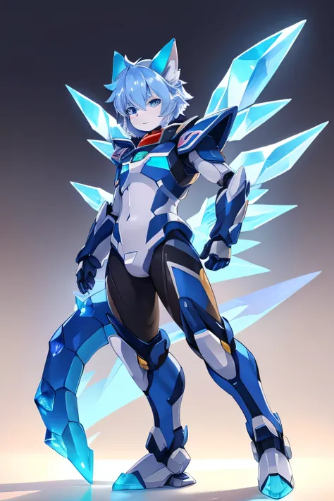 Little male cat，Boys，There is a dragon tail，Lovely，Thin，struggle，eternal，crystal，Crystallization，Blue slime，Feet become crystal，Hand turns into mecha，Mecha feet，Mecha hands，illumination，freeze，freeze，Feet are frozen，charming，Boys ，Blue crystal feet，Wear ti...