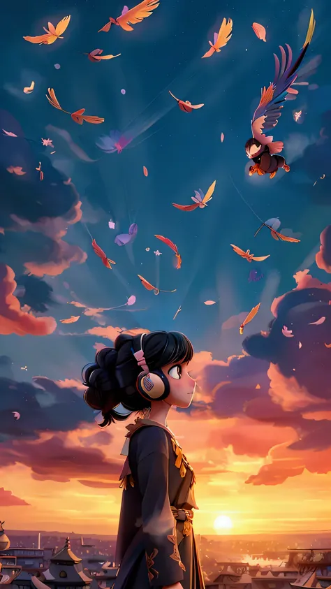 Feathers Fall、Ghibli-style images、One girl, High resolution, Black Hair、,  Highest quality, headphone、Flying in the night sky