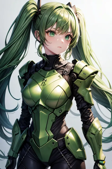 Green hair, twin tails, green eyes, girl, exoskeleton armor