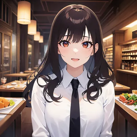 Upper Body, Realistic, real person, (pale skin: 1.2), RAW photo, photorealistic, shiny skin, shiny hair、(A 25-year-old woman with medium-length hair and bangs) and (wavy hair) and (brown hair) and (orange eyes) , white collared shirt 、(smile:1.2), open mou...