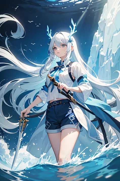 Woman with long white hair with blue tips,Water God,Blue shorts,stand on water,The shirt is blue on the outside and white on the inside.,Use a sword as a weapon,has blue antlers