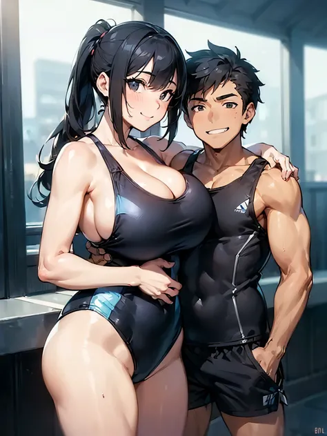 ((men and women:1.5)),(((A couple is hugging:1.5))),((cleavage:1.5)),((Wife in swimsuit showing huge breasts:1.5)),((Husband in muscle shorts:1.5)),(Smiling Beam:1.5), Two people,Highest quality, 4K, masterpiece, Very detailedな, Studio Lighting, Hilarious,...