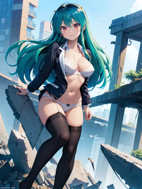 (1 Girl),(high quality), (High resolution), (Very detailed), (8k),(Demolition paperback correct)、Urusei Yatsura、Ram-chan、((Sexy Lingerie))、Wearing a blazer、((Focus on the whole body))、Nipple Shape、((Black knee-high stockings))、Hair messed up by the strong ...