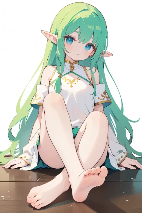 anime elf woman, sitting on the floor, barefoot, feet very close to the spectator, very detailed toes and nails, pantyless, white background