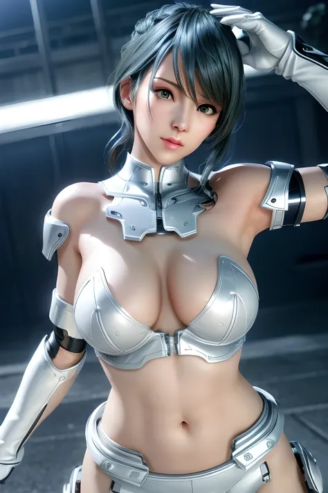 1girl, wearing sleek white mechanical armor, mecha luster, detailed belly button, prominent cleavage, huge breasts, Tamaki, beautiful detailed eyes, beautiful detailed lips, extremely detailed face, long eyelashes, dynamic pose, dramatic lighting, cinemati...