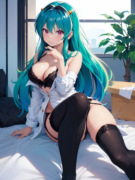 (1 Girl),(high quality), (High resolution), (Very detailed), (8k),(Demolition paperback correct)、Urusei Yatsura、Ram-chan、((Sexy Lingerie))、Wearing a blazer、((Focus on the whole body))、Nipple Shape、((Black knee-high stockings))、Hair messed up by the strong ...