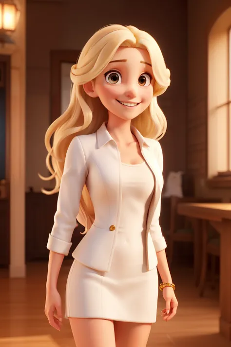 A blonde woman with long hair down to her shoulders, smiling, Brown eyes, wearing a white suit