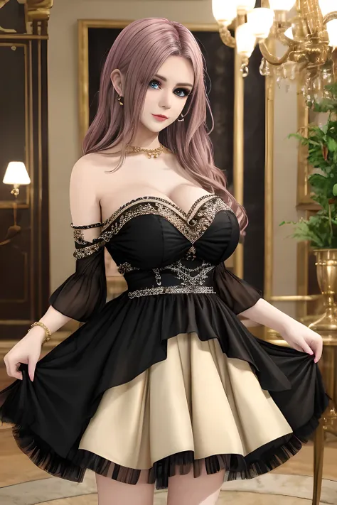 1girl is wearing an elegant black strapless dress. The dress is beautifully designed with ruching on the bodice and a cascading ruffled asymmetrical hem, adding a playful and chic touch to the outfit. The person is standing upright, with one hand gently to...