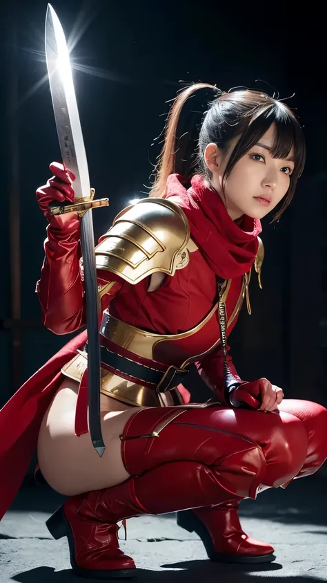 Naotora Ii，Female Generals，flashy，ponytail，Long bangs、Holding a long sword，Wearing red armor，赤くflashyなスカートを着て，squat，Wearing underwear，Wear leg guards，Two belts around the waist，Wear a scarf