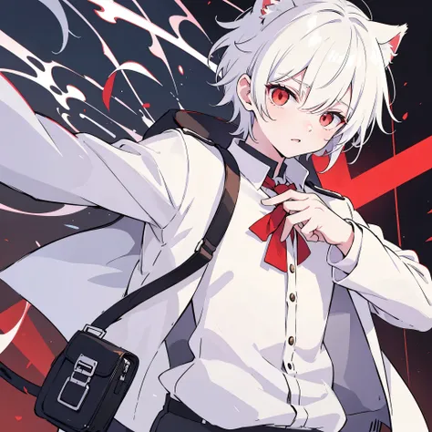 A solo cat boy, With white hair, red eyes, , wearing jacket, bust up!!!!!!!!!,cute boy in school, memegang permen