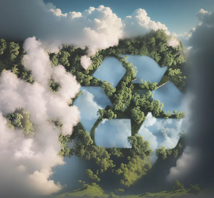 there is a picture of a tree against a blue sky, floating lands in the clouds, environmental artwork, cloud-emitting spores, floating trees, environmental portrait, clouds on the surface, sky forest background, environmental, in cloud photogrammetry style,...