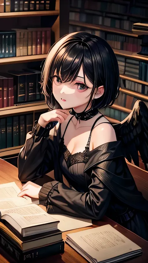 Black Hair、Short Hair、black eye、Expressionless、Looking down on、Black suit、Black angel wings、tall、Books piled high、Luxurious library、Watching the audience、Only one person、masterpiece、Highest quality、4K、