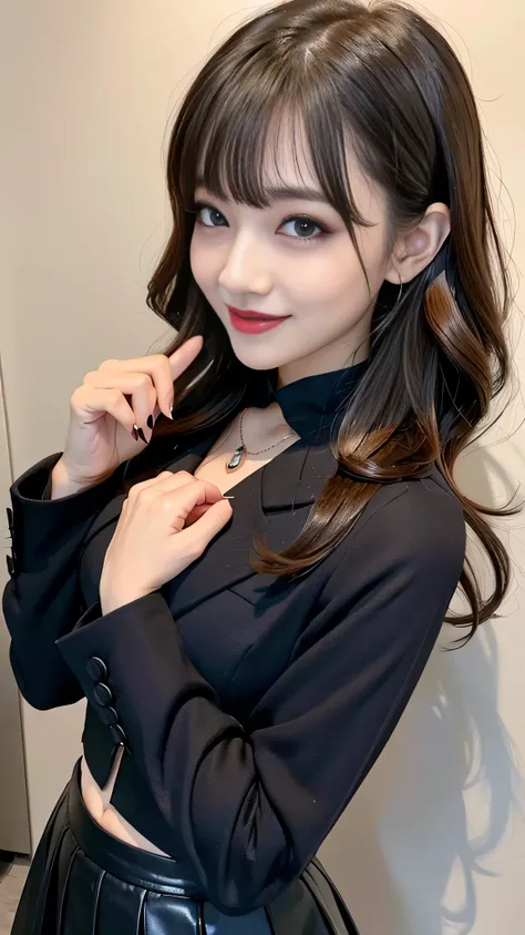 best quality、ultra-detailed、4K、Japanese、Seductive beauty、seductive adult woman、Pretty Woman、cool girl、Villainess、Brainwashed、brainwash、Fallen into evil、smirk、Evil look、Wicked Smile、evil、Brown hair、wavy hair、swept bangs、dark makeup、dark makeup、piercing eyes...