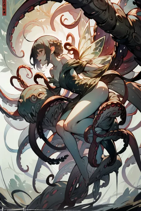  ((best quality)), ((masterpiece)), (detailed), 1 fairy girl, off-shoulder sweater, a fairy, fairy girl, winged pixie girl, girl fairy, various different types of insect wings, small breasts, NSFW，Covered with tentacles, encoiled by tentacles, Tentacles ar...