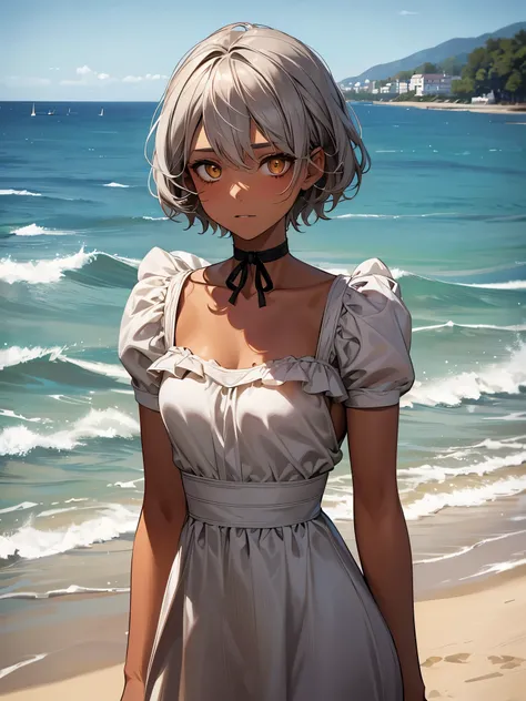 masterpiece, Highest quality, Perfect Face, Highest Resolution, Highest quality,Detailed depiction of the eyes, 1 girl, young, dark tan skin, slate gray hair, short hair, upturned eyes, Yellow Orange eyes, Perfect Anatomy, ribbon choker, Seaside house, 8k