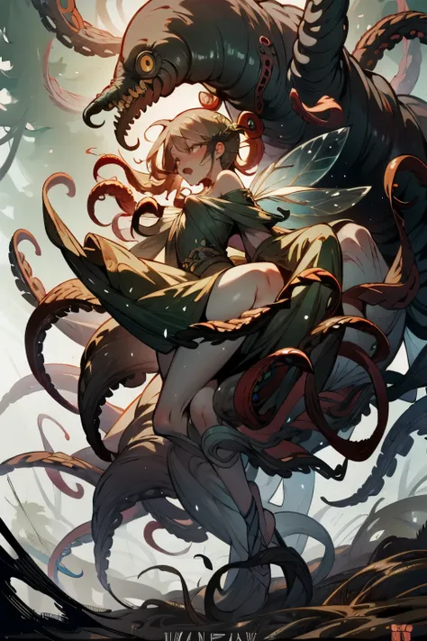  ((best quality)), ((masterpiece)), (detailed), 1 fairy girl, off-shoulder sweater, a fairy, fairy girl, winged pixie girl, girl fairy, various different types of insect wings, small breasts, NSFW，Covered with tentacles, encoiled by tentacles, Tentacles ar...