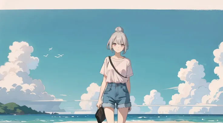 Silver Hair, Very short hairstyle, Bun Head, Pink Eyes, Casual and natural summer outfit