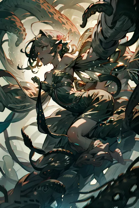  ((best quality)), ((masterpiece)), (detailed), 1 fairy girl, off-shoulder sweater, a fairy, fairy girl, winged pixie girl, girl fairy, various different types of insect wings, small breasts, NSFW，Covered with tentacles, encoiled by tentacles, Tentacles ar...