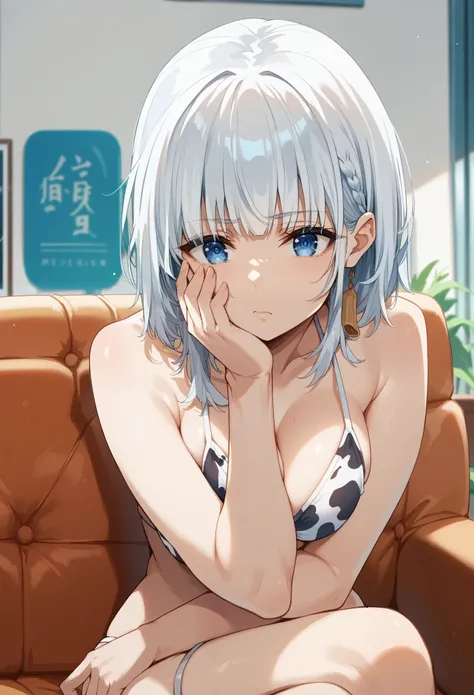 white hair,blue eyes,cow bikini,sitting,hand on the chin,looking down on viewer,expresionaless,big breast