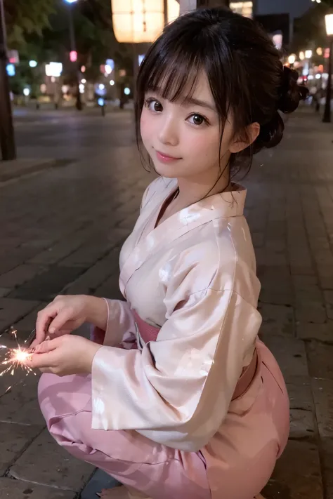 8K, RAW Photo, Best Quality, Masterpiece, Realistic, PhotoRealistic, Extremely Detailed 8K Wallpaper, (Beautifully Detailed Eyes), Finely Detailed Face, 
 BREAK 
Professional Lighting, 
 BREAK 
(A Girl is Playing Japanese Sparkler with Own Hand Extending t...