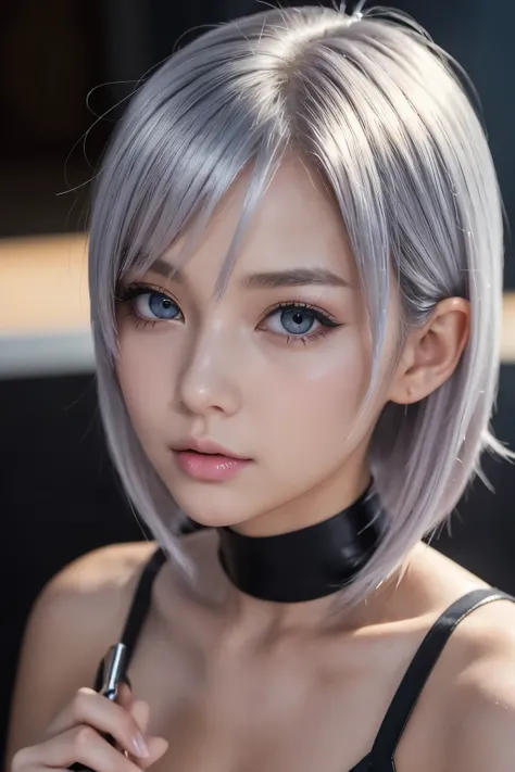 short brightly siver-colored hair, beautiful skin just a little sunburned, slendar figure, slightly tall, small mouth, opening mouth a little, shaped nose, smooth shaped jawline, slightly slanted eyes expression, glossy face, heavy makeup like an Anime cha...