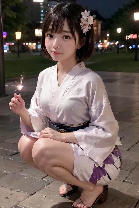 8K, RAW Photo, Best Quality, Masterpiece, Realistic, PhotoRealistic, Extremely Detailed 8K Wallpaper, (Beautifully Detailed Eyes), Finely Detailed Face, 
 BREAK 
Professional Lighting, 
 BREAK 
(A Girl is Playing Japanese Sparkler with Own Hand Extending t...