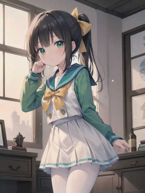 Masterpiece, illustration, super detailed, kawaii, one girl, 独奏, slender 14 year old, Japanese girl, chou chou, ribbon, nape of neck, low ponytail, cute pose in Less revealing attire, (green sailor outfit, two gold lines), large gold ribbon, priss skirt, b...
