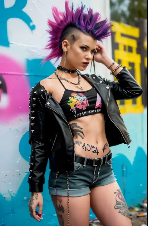 (Artwork, best quality:1.2), 1 girl , ((side viewer)) , intrincately detailed, "Punk Girl", in dynamic pose, ((spiky mohawk hair, gradient punk hair, wearing a black jacket, chains, Rocket style, tatuados , hot body, abdomen)) . Shallow depth of field, vig...