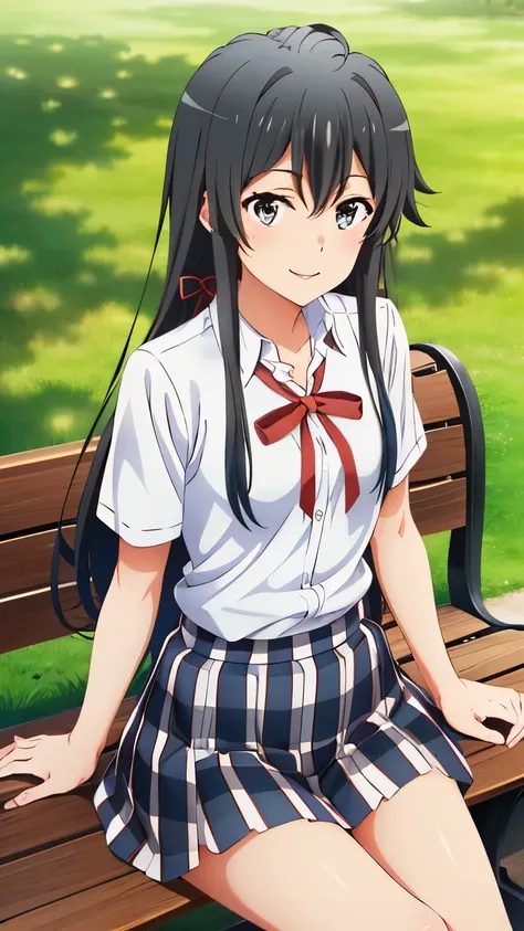 (masterpiece, best quality, 8k), highres, yukino, long hair, ahoge, hair ribbon, (collarbone, neck ribbon, Calm, white shirt, short sleeves, plaid skirt, smile, park, standing,bench, sitting)