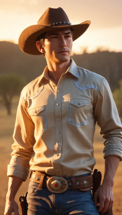 Cowboy Portrait、Detailed cowboy face、Impressive cowboy look、Cowboy hat、Cowboy Shirt、Cowboy Jeans、Cowboy boots、Tough cowboy hides、Random Action Pose:1.2、Outdoor Scenery、Golden Hour Lighting、Cinematic composition、Dramatic lighting、A calming color palette、(Hi...