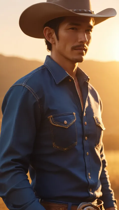 Cowboy Portrait、Detailed cowboy face、Impressive cowboy look、Cowboy hat、Cowboy Shirt、Cowboy Jeans、Cowboy boots、Tough cowboy hides、Random Action Pose:1.2、Outdoor Scenery、Golden Hour Lighting、Cinematic composition、Dramatic lighting、A calming color palette、(Hi...