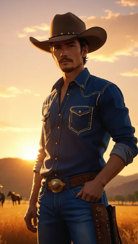 cowboy portrait、detailed cowboy face、impressive cowboy look、cowboy hat、cowboy shirt、cowboy jeans、cowboy boots、tough cowboy hides...