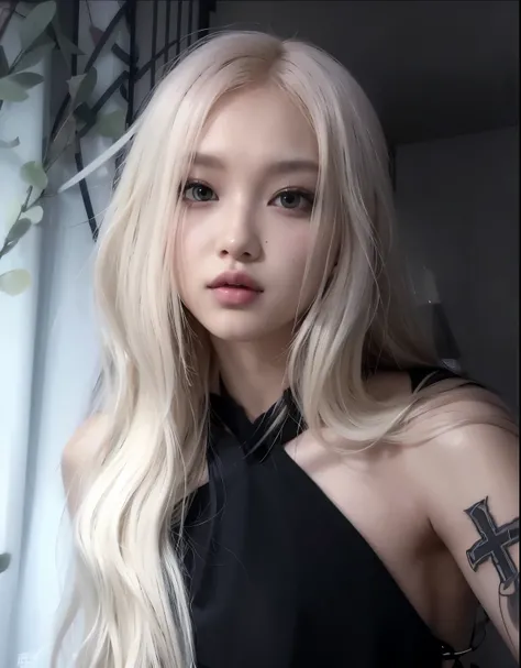 Blonde woman with long hair and a cross tattoo on her arm, Portrait of Blackpink Josh, Blackpink's Roseanne Park, long blonde hair, pale porcelain white skin, with long white hair, with long white hair, very pale blonde, pale hair, Brutal Korean Goth G...