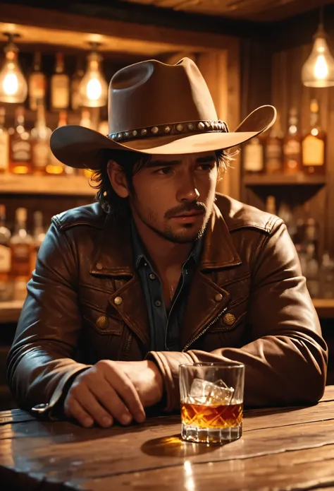 a cowboy drowned in alcohol at a western bar counter, 1 man, detailed realistic face, drinking whiskey, cowboy hat, messy hair, ...