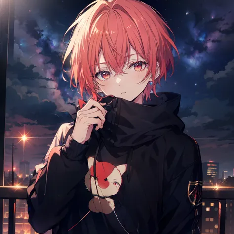 (highest quality), (masterpiece), 1080p, high resolution, 4k, 8k, boy, short hair, black parker, hoodie, wearing a hood, red hai...