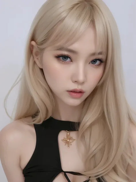 Korean woman with blue eyes and blonde hair wearing a black top, longos blonde hair and big eyes, blonde hair and big eyes, long blonde hair and big eyes, Best Face, very pale blonde, With long hair and sharp eyes, asian girl, pale porcelain white skin, 아주...