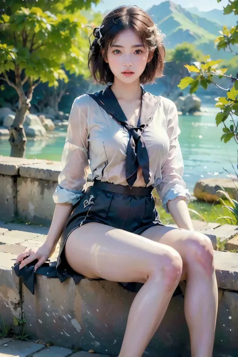 ((Highest quality, 8k, masterpiece :1.3)), 1 innocent girl:1.3, (short hair,Sailor suit,Beautiful breasts :1.2), Ultra mini skirt, Highly detailed face, Beautiful Eyes, double eyelid,whole body,Cute Face,(Sitting on stone steps),(Realistic Face),(Realistic...